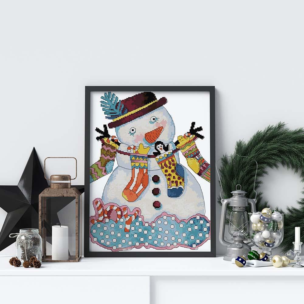 Kreuzstich - Schneemann mit Socken | 35x40 cm - Diy - Fadenkunst