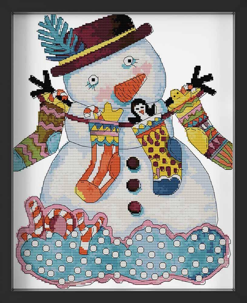 Kreuzstich - Schneemann mit Socken | 35x40 cm - Diy - Fadenkunst