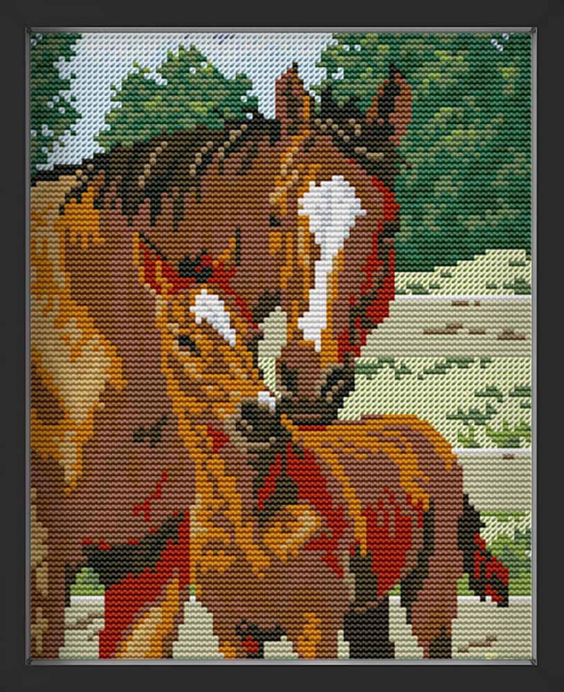 Kreuzstich - Stute mit Fohlen | 25x35 cm - Diy - Fadenkunst