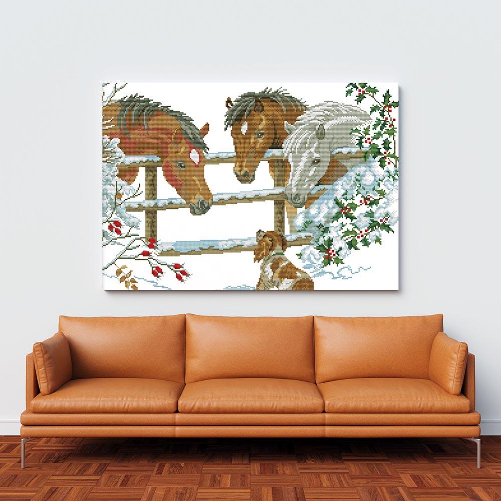 Kreuzstich - Drei Pferde mit Hund | 50x40 cm - Diy - Fadenkunst