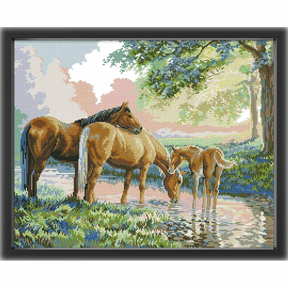 Kreuzstich - Pferdefamilie | 60x45 cm - Diy - Fadenkunst