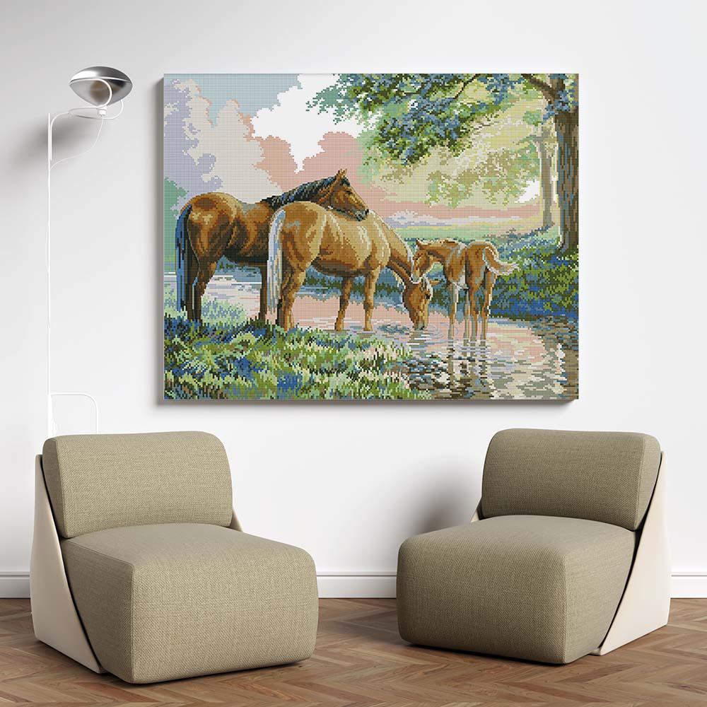 Kreuzstich - Pferdefamilie | 60x45 cm - Diy - Fadenkunst
