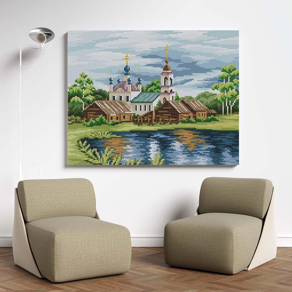 Kreuzstich - schöne Landschaft mit Kirche | 40x30 cm - Diy - Fadenkunst