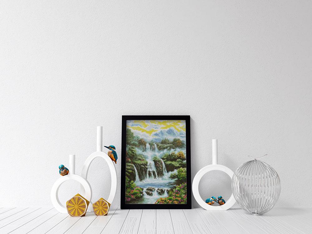 Kreuzstich - Landschaft mit Wasserfall | 50x60 cm - Diy - Fadenkunst