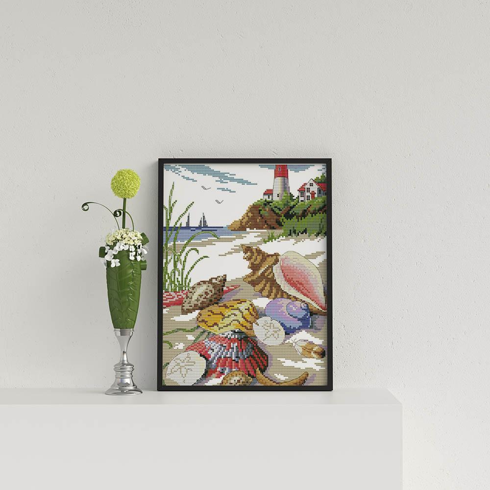 Kreuzstich - Strand mit Muscheln | 30x45 cm - Diy - Fadenkunst
