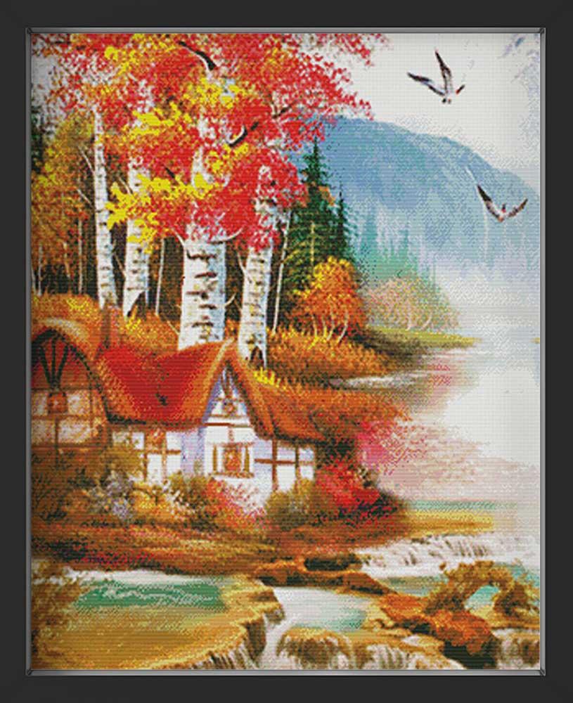 Kreuzstich - Landhaus am Ufer | 65x120 cm - Diy - Fadenkunst