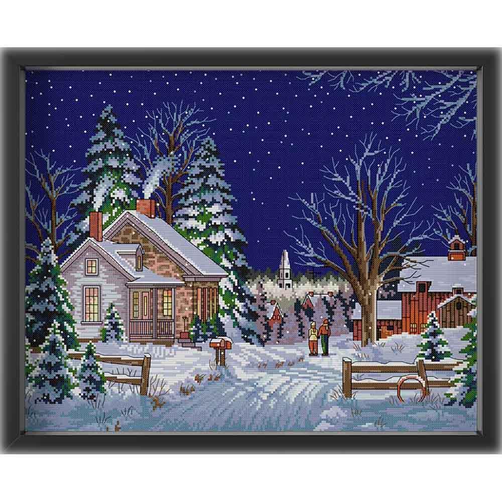 Kreuzstich - Bauernhof im Schnee | 55x40 cm - Diy - Fadenkunst