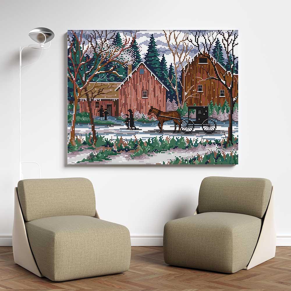 Kreuzstich - Bauernhof im Schnee | 40x30 cm - Diy - Fadenkunst