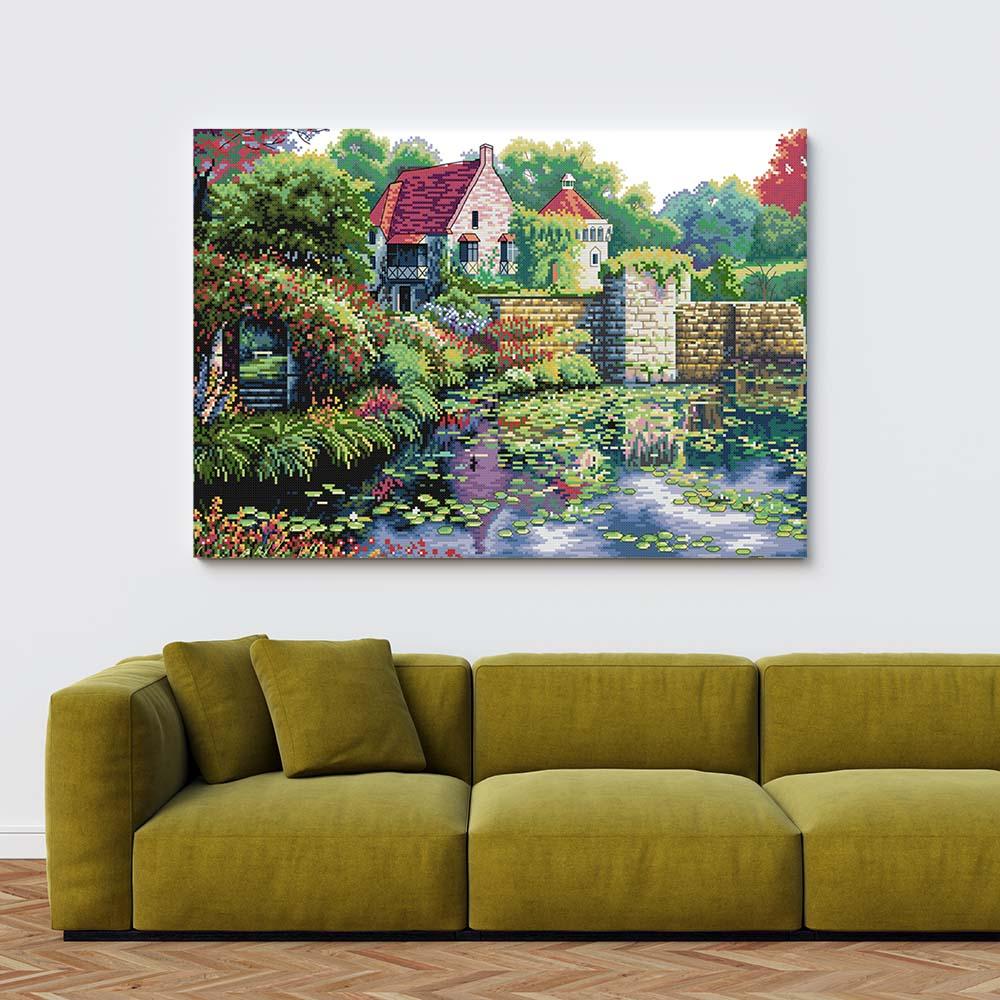 Kreuzstich -  schönes Haus mit See | 50x40 cm - Diy - Fadenkunst