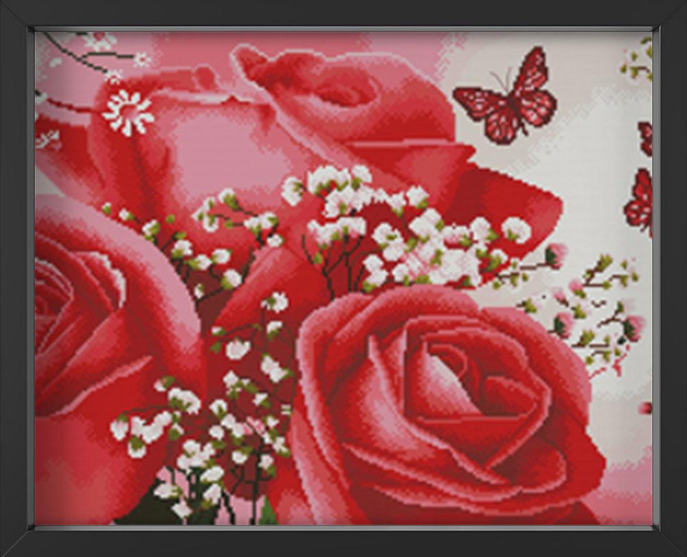 Kreuzstich -  rote Rose mit Schmetterling | 115x40 - Diy - Fadenkunst