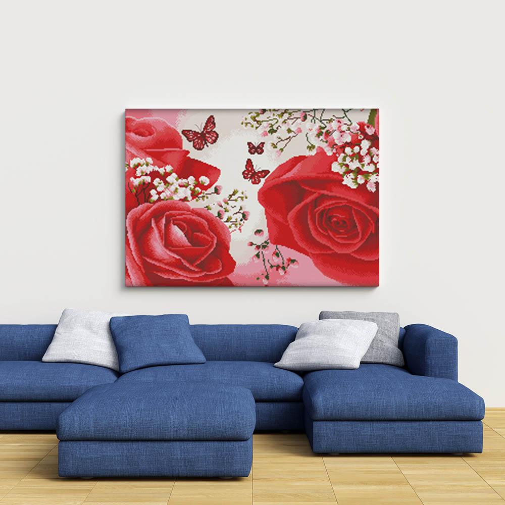 Kreuzstich -  rote Rose mit Schmetterling | 115x40 - Diy - Fadenkunst