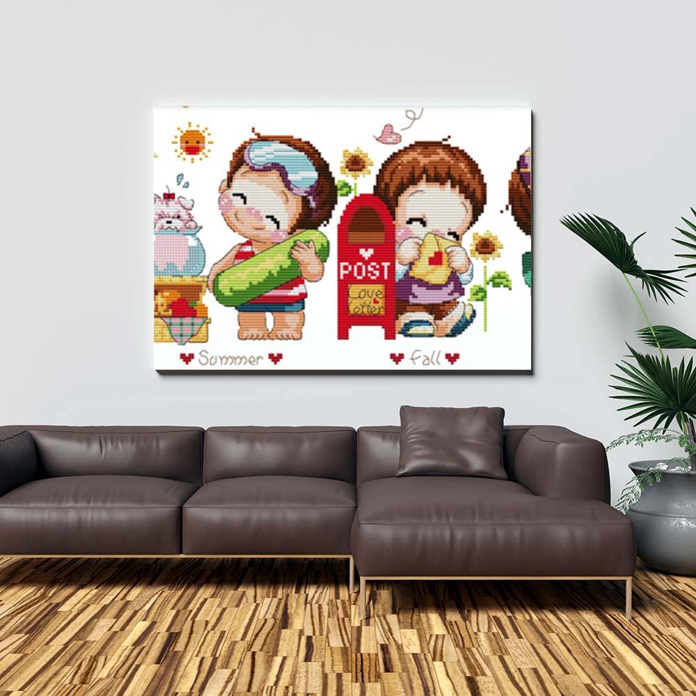 Kreuzstich -  zwei Kinder Frühling Sommer | 60x30 cm - Diy - Fadenkunst