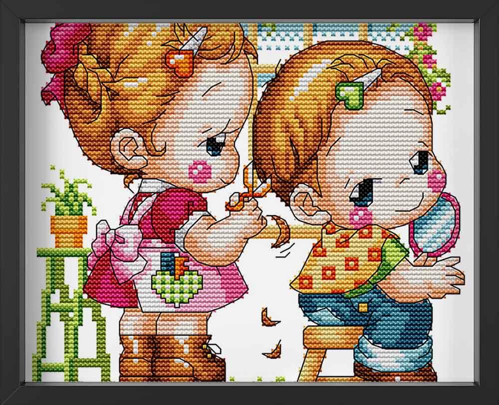 Kreuzstich - Kinder spielen Friseur | 25x25 cm - Diy - Fadenkunst