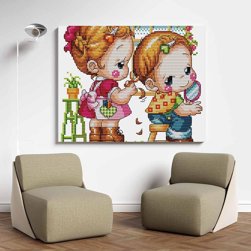 Kreuzstich - Kinder spielen Friseur | 25x25 cm - Diy - Fadenkunst