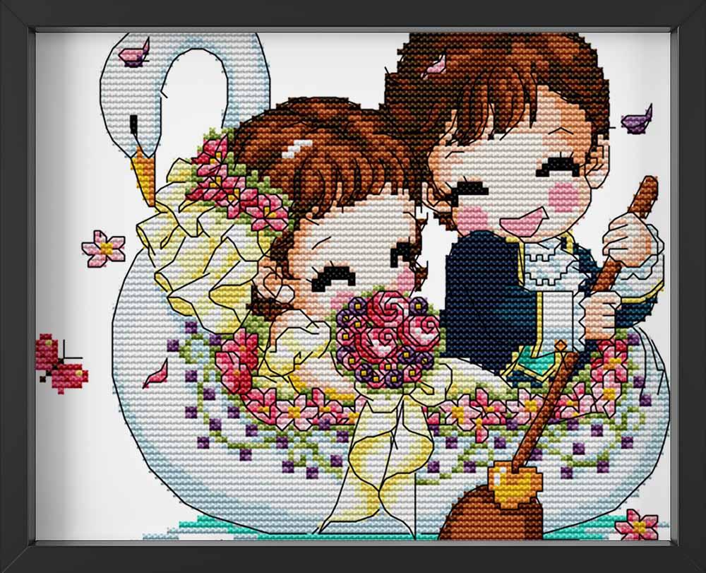 Kreuzstich - Kinder mit Schwarn | 30x20 cm - Diy - Fadenkunst
