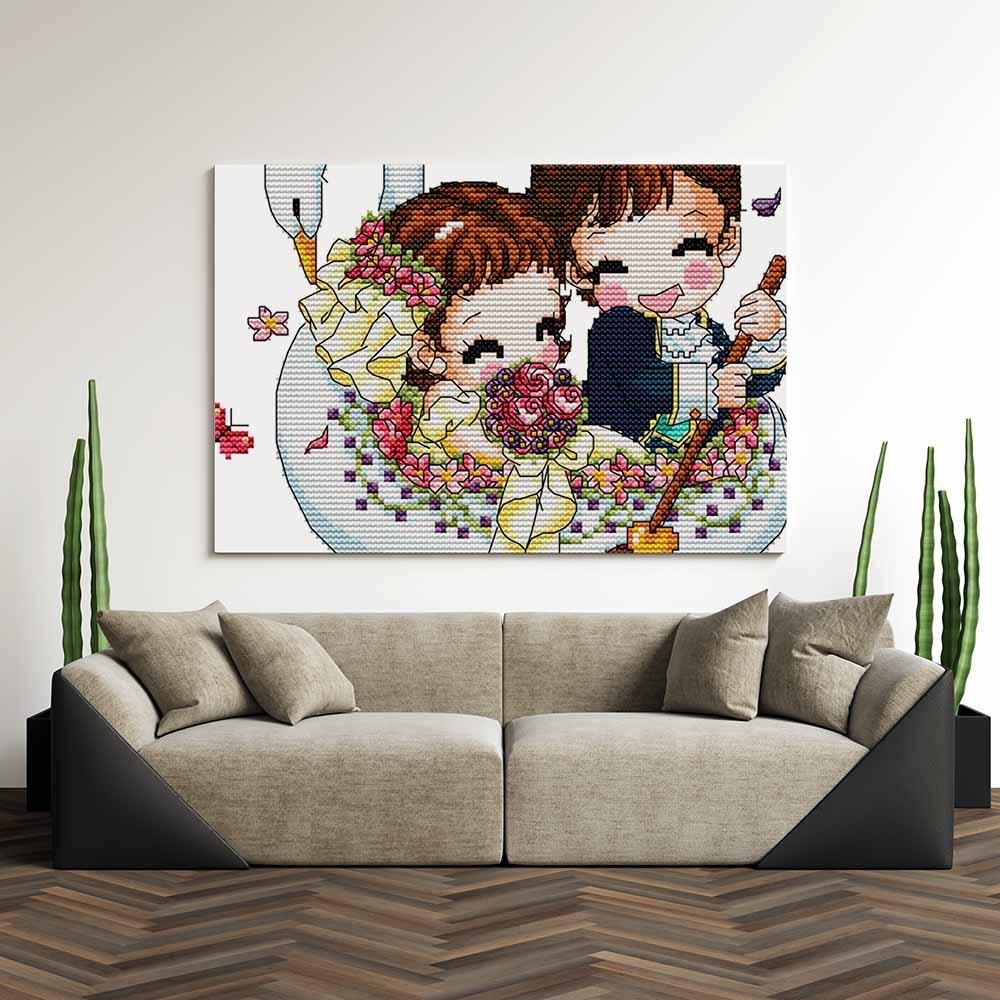 Kreuzstich - Kinder mit Schwarn | 30x20 cm - Diy - Fadenkunst