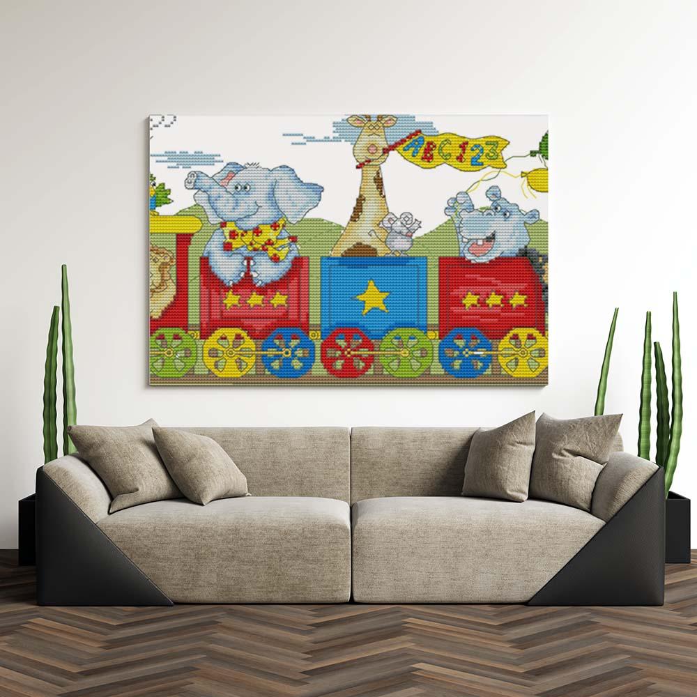 Kreuzstich - wilde Tiere in Eisenbahn | 50x20 cm - Diy - Fadenkunst
