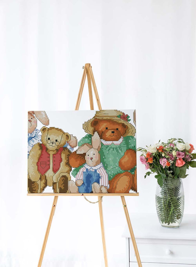 Kreuzstich - Teddys mit Hase | 50x20 cm - Diy - Fadenkunst