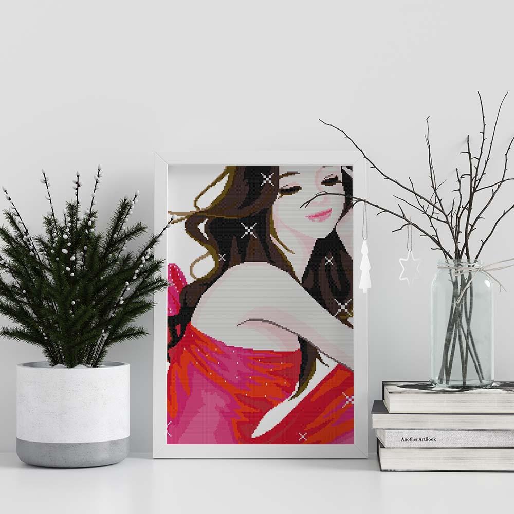Kreuzstich -  Abstrakte Frau im rosa Kleid | 30x40 cm - Diy - Fadenkunst