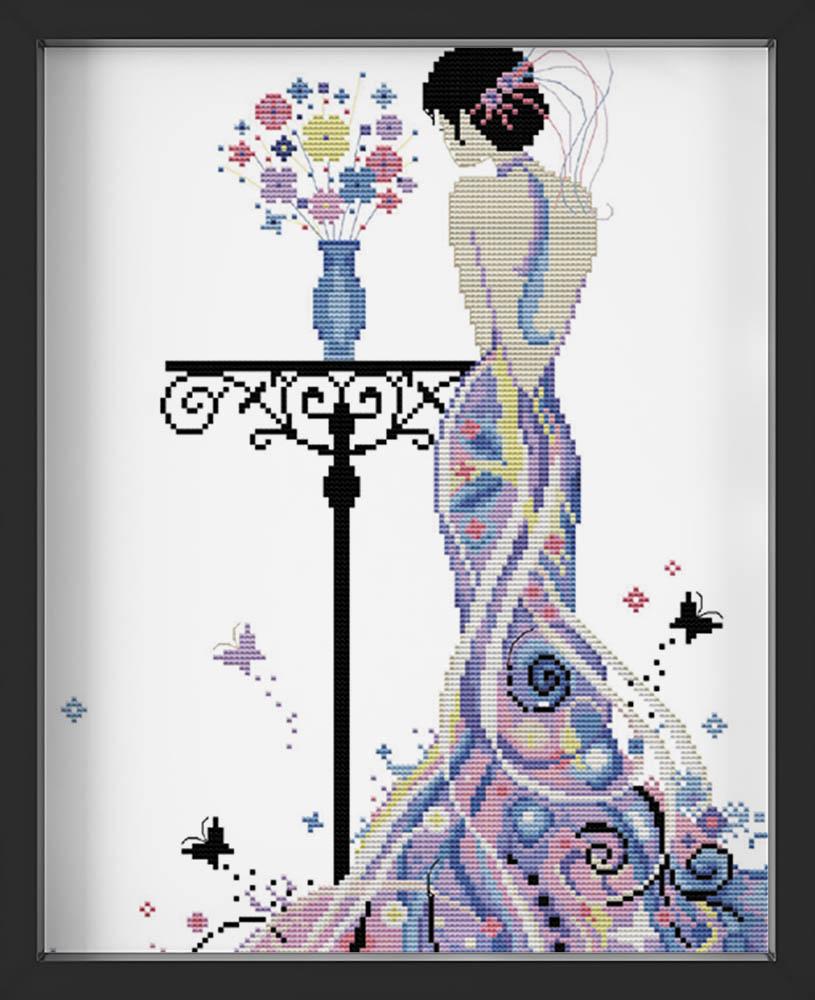 Kreuzstich - Frau mit Blumen | 45x45 cm - Diy - Fadenkunst