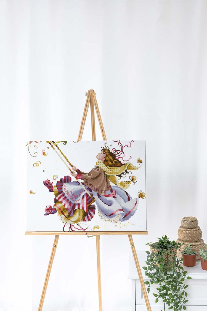 Kreuzstich -  Mädchen am schaukeln | 40x30 cm - Diy - Fadenkunst