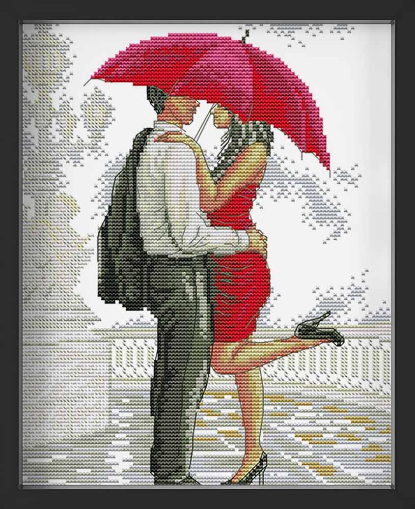 Kreuzstich - Ehepaar mit roten Schirm | 25x35 cm - Diy - Fadenkunst
